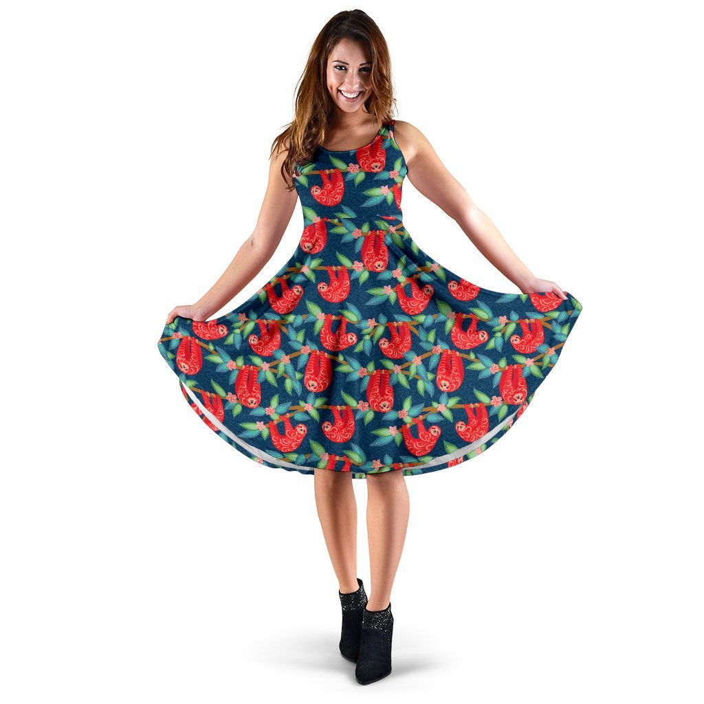Sloth Red Design Themed Print Sleeveless Dress