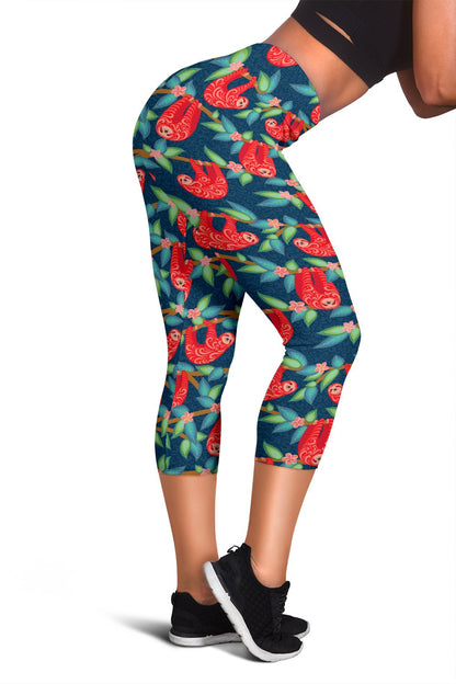 Sloth Red Design Themed Print Women Capris