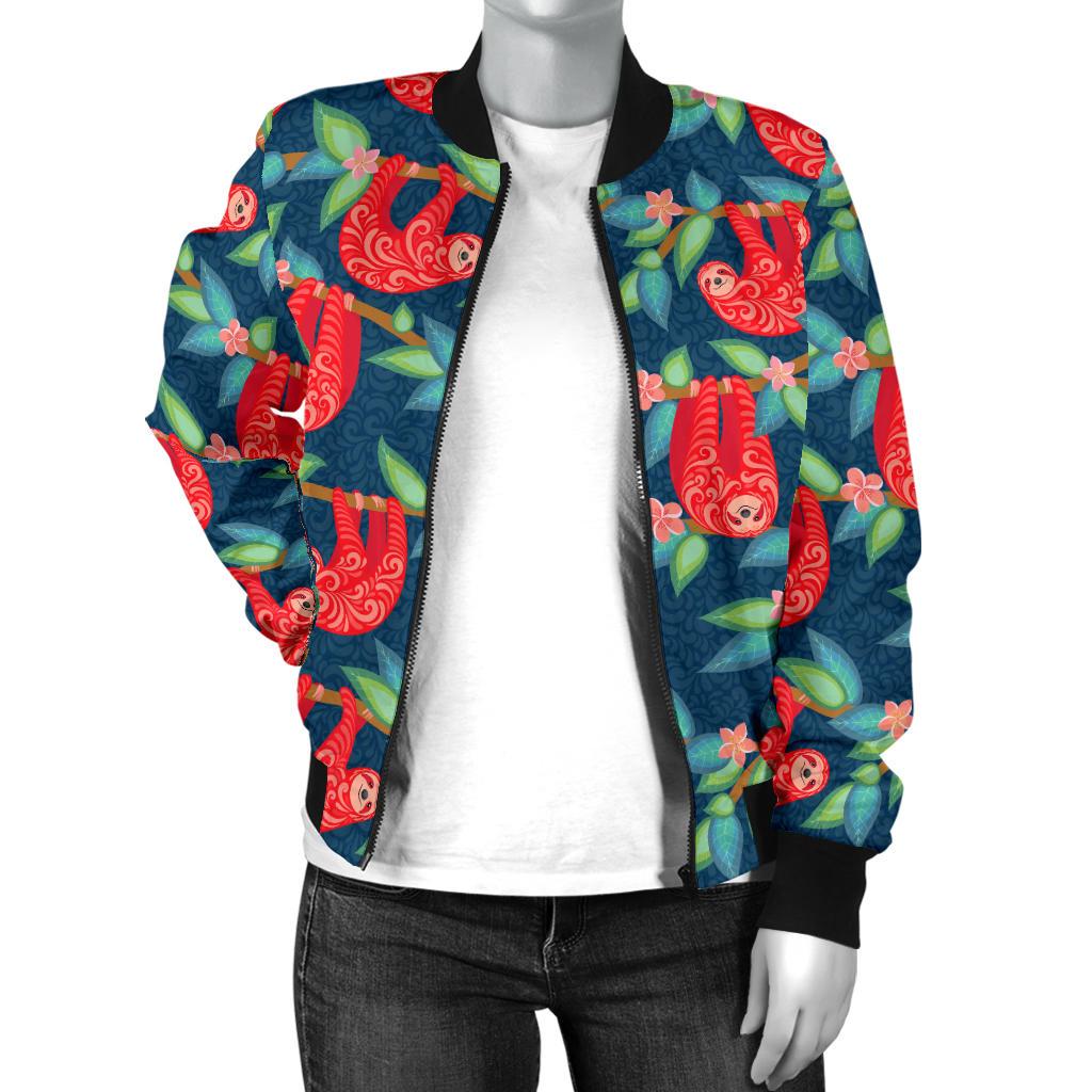 Sloth Red Design Themed Print Women Casual Bomber Jacket