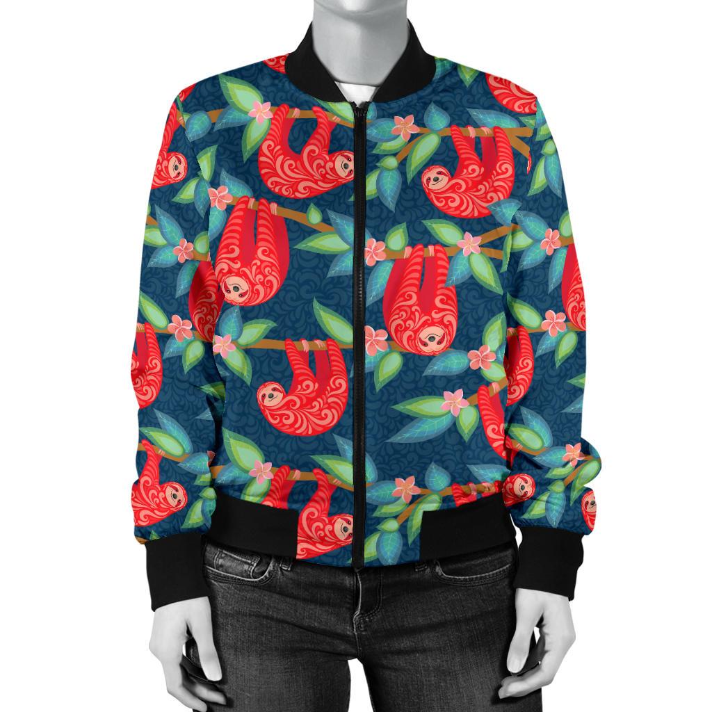 Sloth Red Design Themed Print Women Casual Bomber Jacket