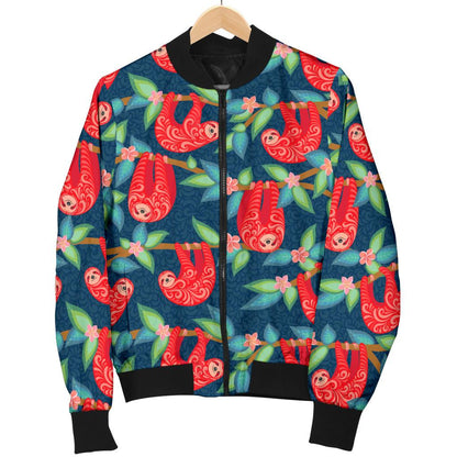 Sloth Red Design Themed Print Women Casual Bomber Jacket