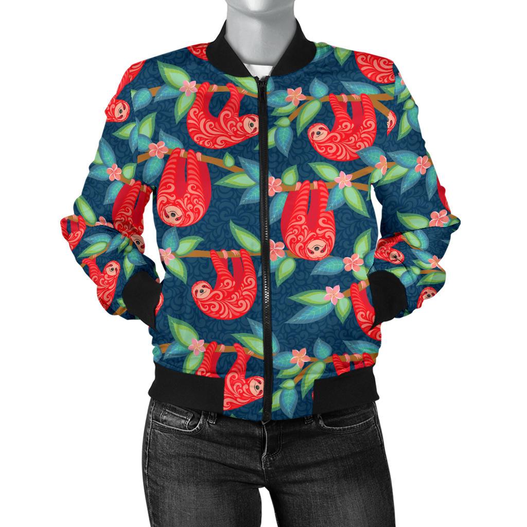 Sloth Red Design Themed Print Women Casual Bomber Jacket