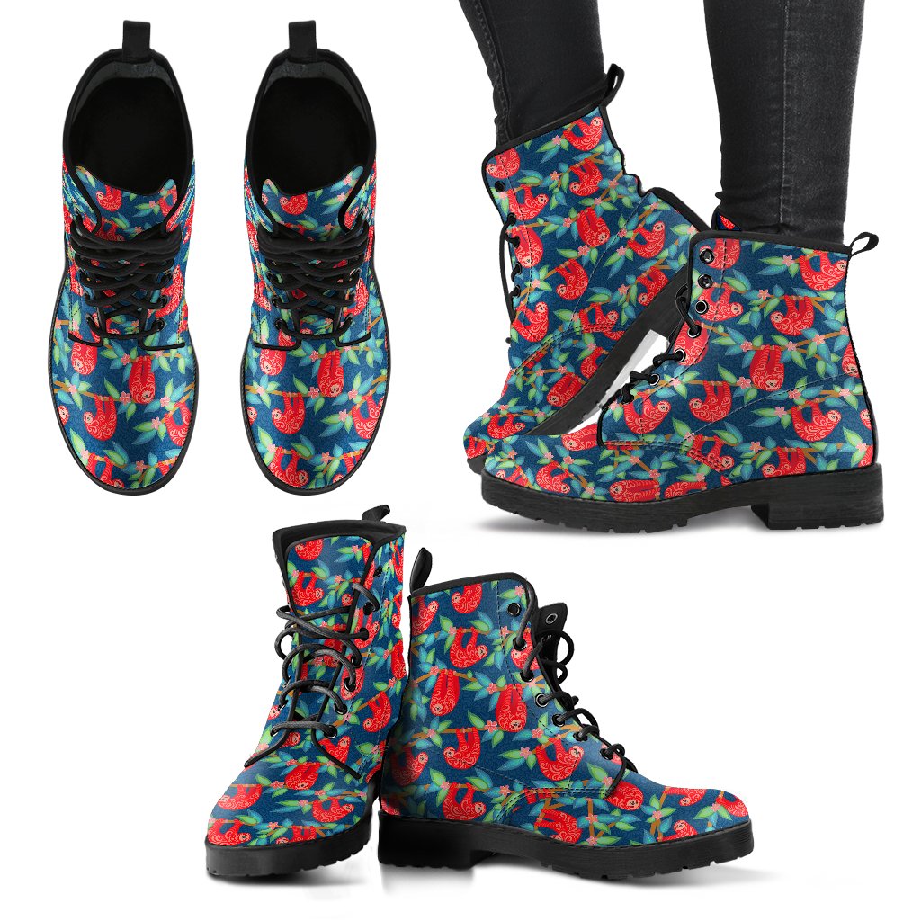 Sloth Red Design Themed Print Women Leather Boots-JTAMIGO.COM