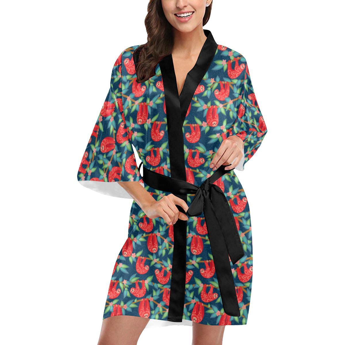 Sloth Red Design Themed Print Women Short Kimono Robe