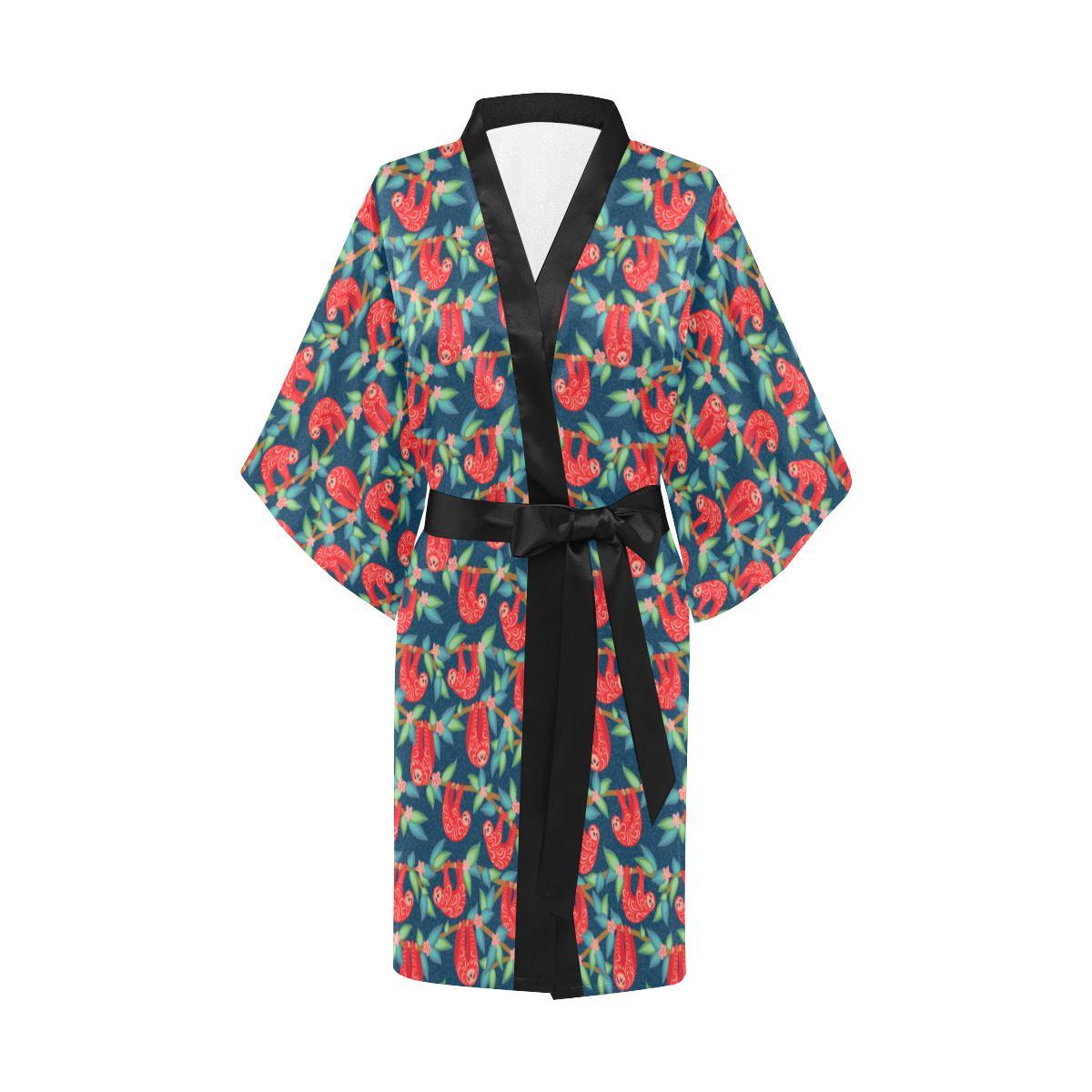 Sloth Red Design Themed Print Women Short Kimono Robe