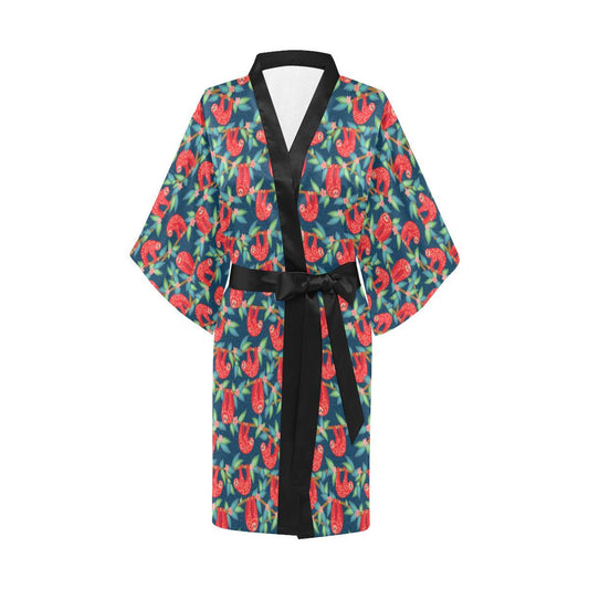 Sloth Red Design Themed Print Women Short Kimono Robe