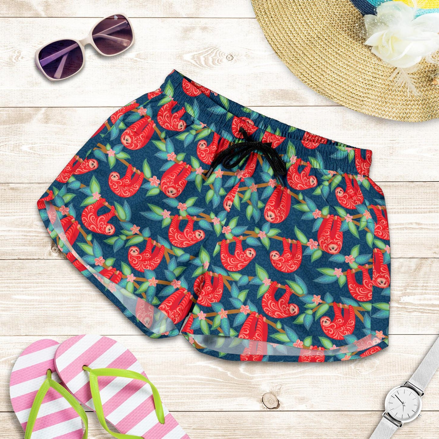 Sloth Red Design Themed Print Women Shorts-JTAMIGO.COM