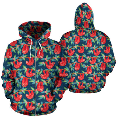 Sloth Red Design Themed Print Zip Up Hoodie