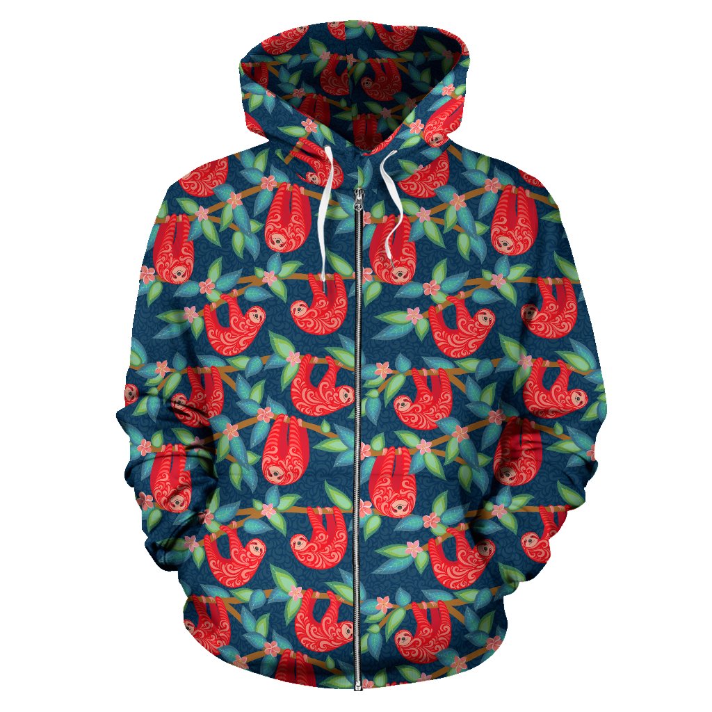 Sloth Red Design Themed Print Zip Up Hoodie