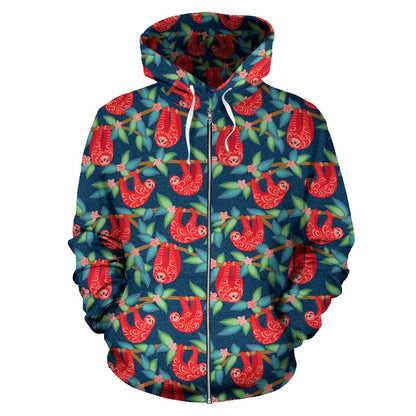 Sloth Red Design Themed Print Zip Up Hoodie