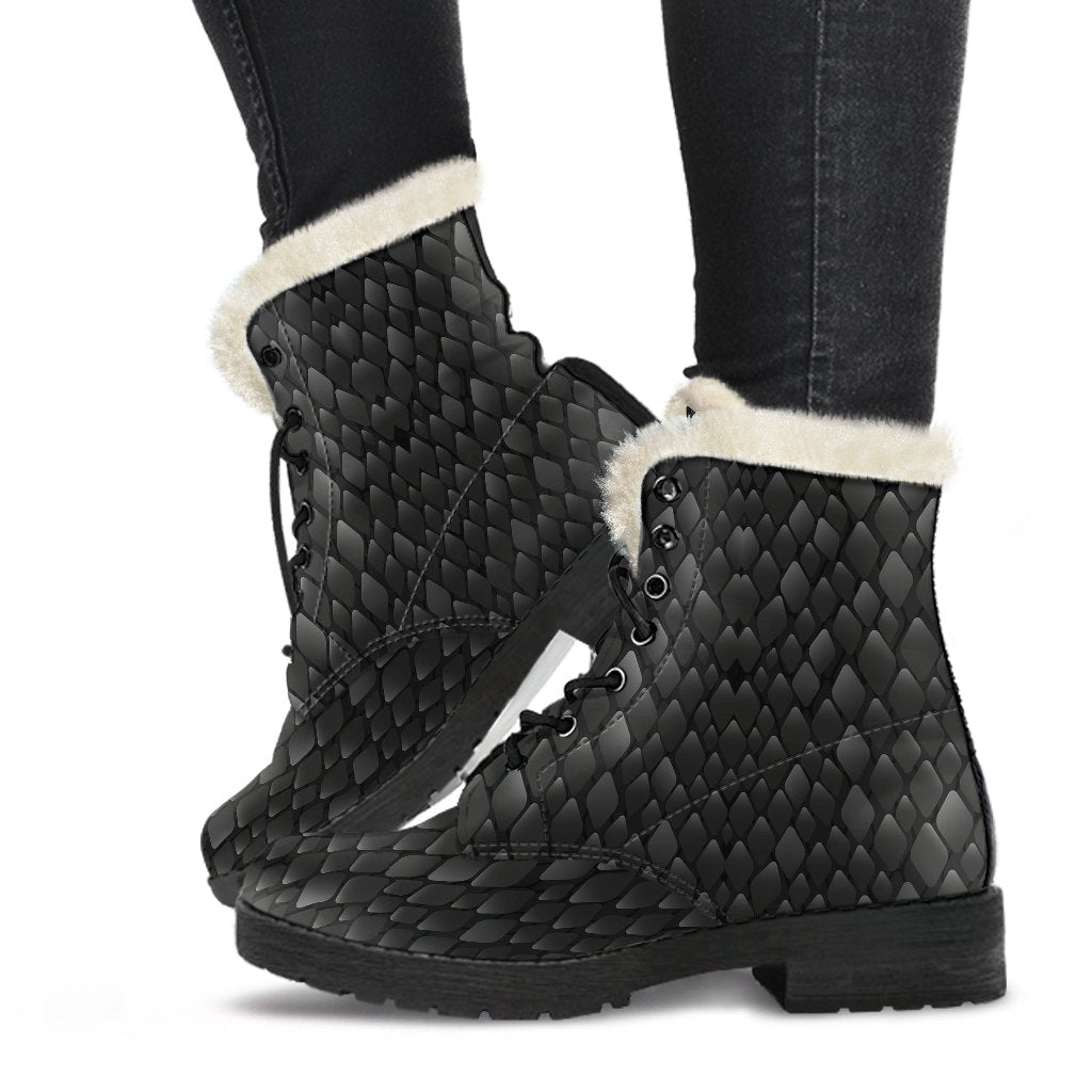 Snake Skin Black Print Faux Fur Leather Boots-JTAMIGO.COM