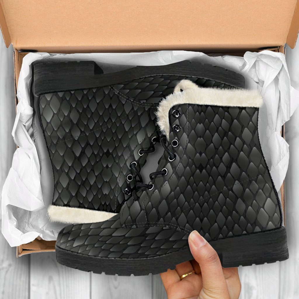 Snake Skin Black Print Faux Fur Leather Boots-JTAMIGO.COM