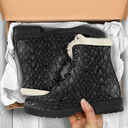 Snake Skin Black Print Faux Fur Leather Boots-JTAMIGO.COM