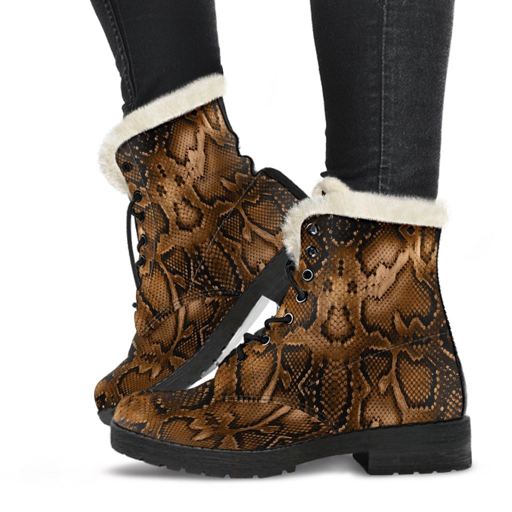 Snake Skin Brown Print Faux Fur Leather Boots-JTAMIGO.COM