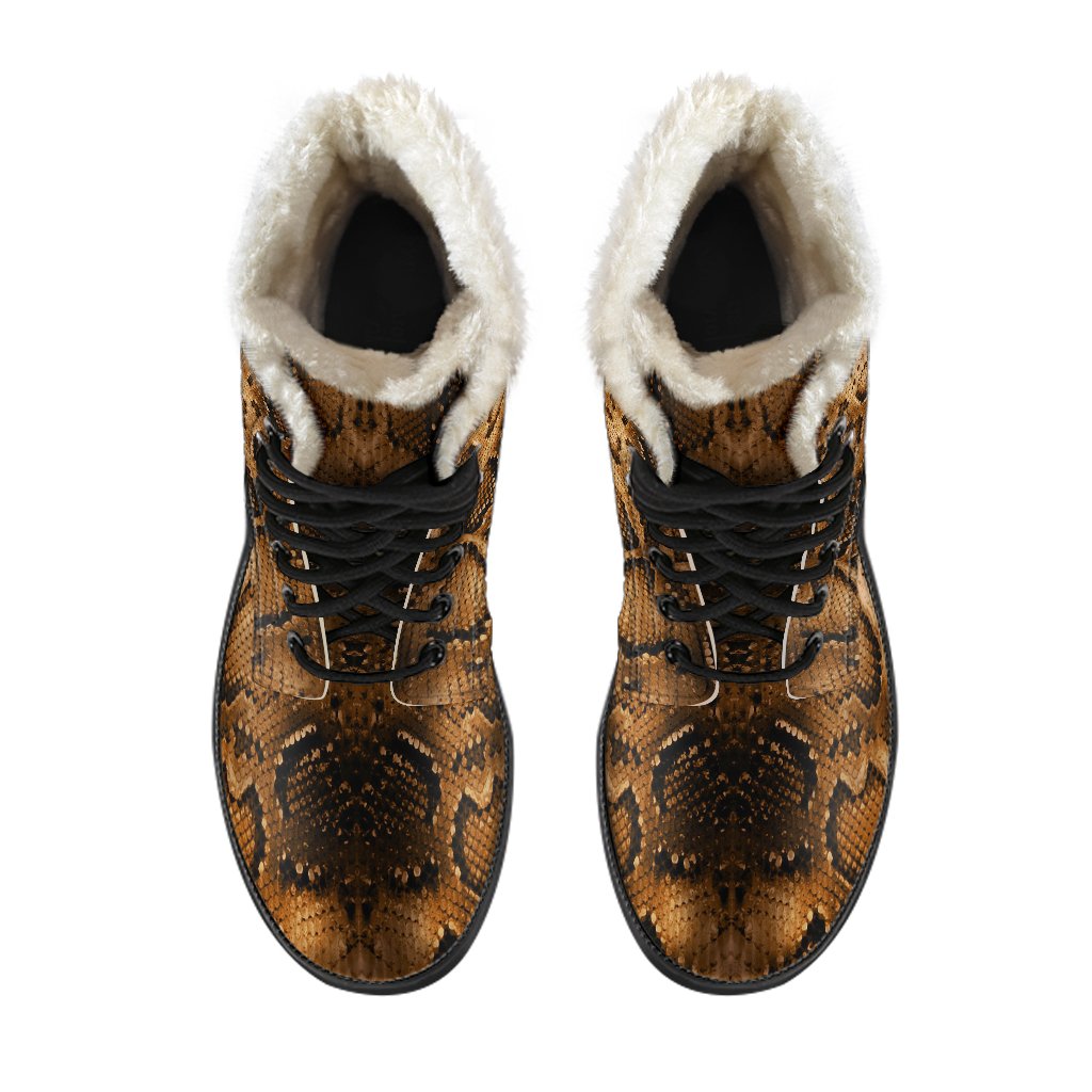 Snake Skin Brown Print Faux Fur Leather Boots-JTAMIGO.COM
