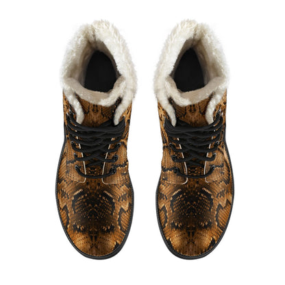 Snake Skin Brown Print Faux Fur Leather Boots-JTAMIGO.COM