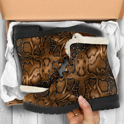 Snake Skin Brown Print Faux Fur Leather Boots-JTAMIGO.COM