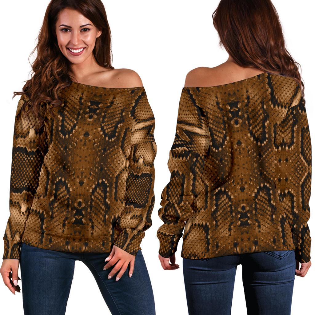 Snake Skin Brown Print Off Shoulder Sweatshirt