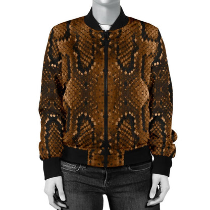 Snake Skin Brown Print Women Casual Bomber Jacket