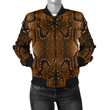 Snake Skin Brown Print Women Casual Bomber Jacket