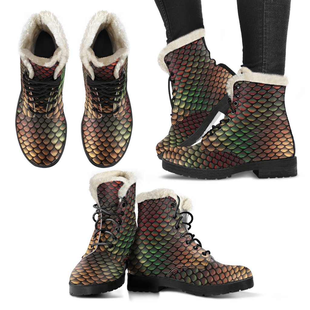 Snake Skin Colorful Print Faux Fur Leather Boots-JTAMIGO.COM