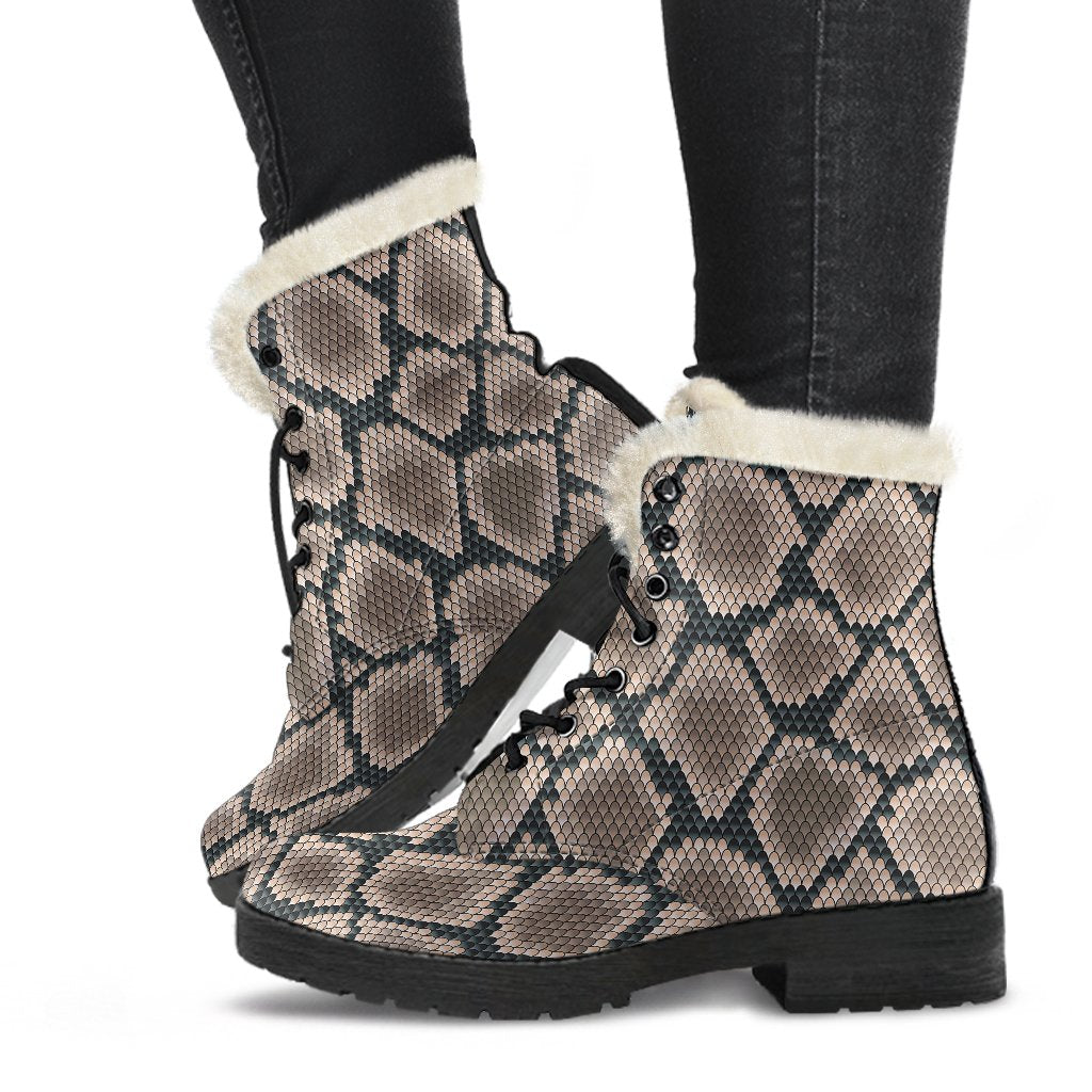 Snake Skin Design Print Faux Fur Leather Boots-JTAMIGO.COM