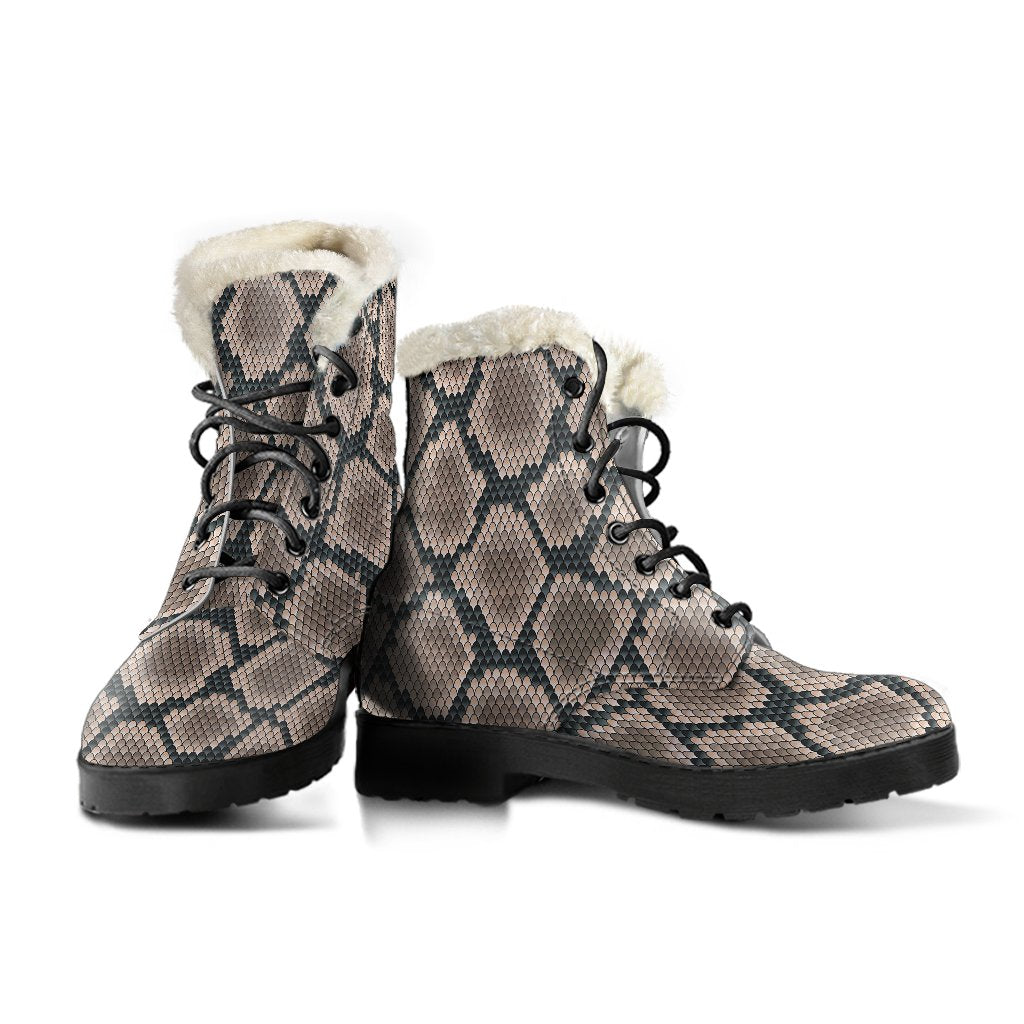 Snake Skin Design Print Faux Fur Leather Boots-JTAMIGO.COM