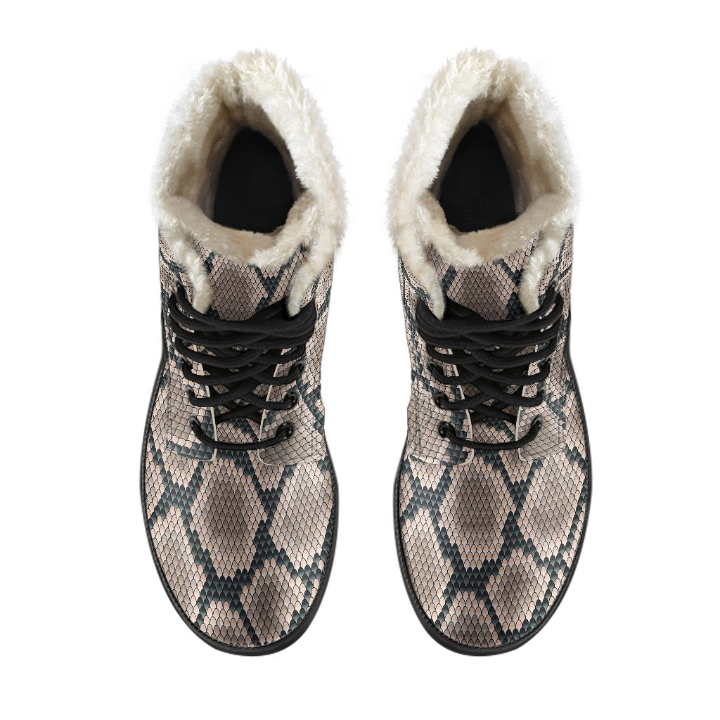 Snake Skin Design Print Faux Fur Leather Boots-JTAMIGO.COM