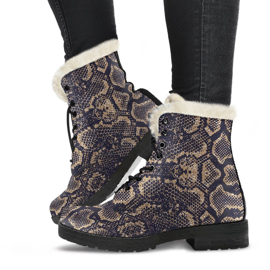Snake Skin Pattern Print Faux Fur Leather Boots-JTAMIGO.COM
