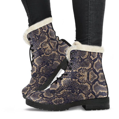 Snake Skin Pattern Print Faux Fur Leather Boots-JTAMIGO.COM