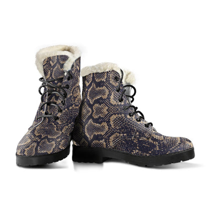 Snake Skin Pattern Print Faux Fur Leather Boots-JTAMIGO.COM