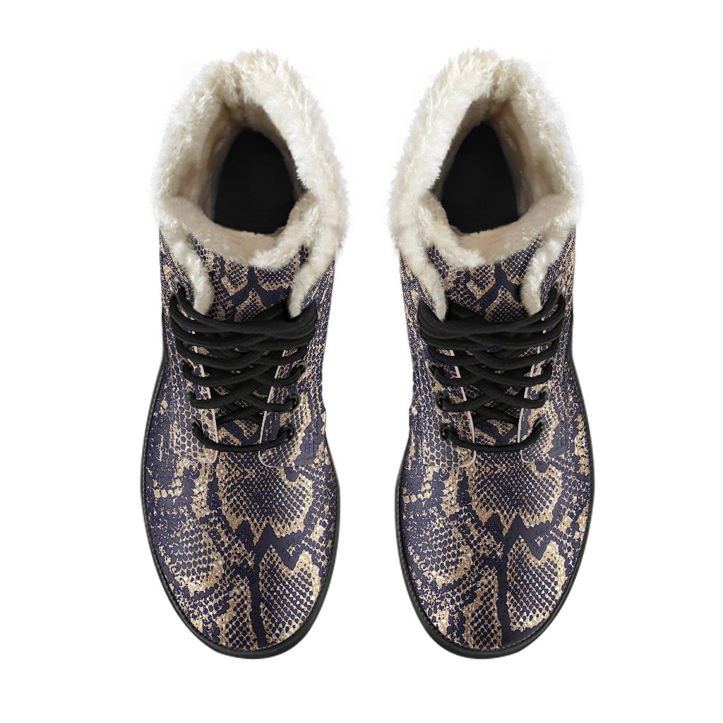 Snake Skin Pattern Print Faux Fur Leather Boots-JTAMIGO.COM