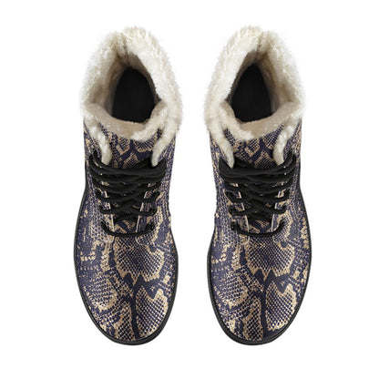 Snake Skin Pattern Print Faux Fur Leather Boots-JTAMIGO.COM