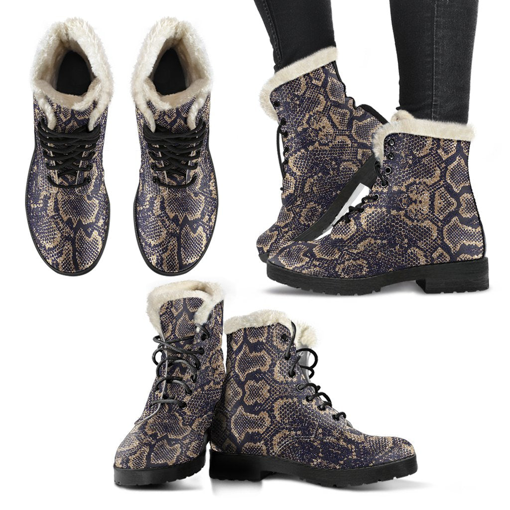 Snake Skin Pattern Print Faux Fur Leather Boots-JTAMIGO.COM