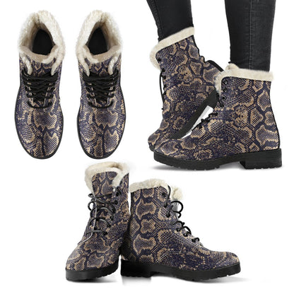 Snake Skin Pattern Print Faux Fur Leather Boots-JTAMIGO.COM