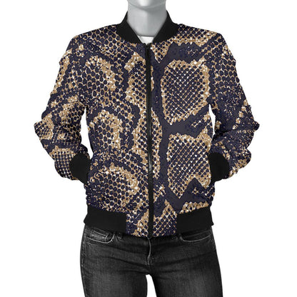 Snake Skin Pattern Print Women Casual Bomber Jacket