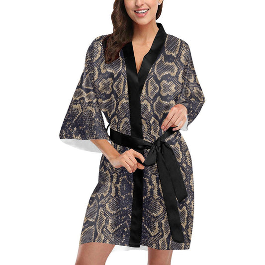 Snake Skin Pattern Print Women Short Kimono Robe