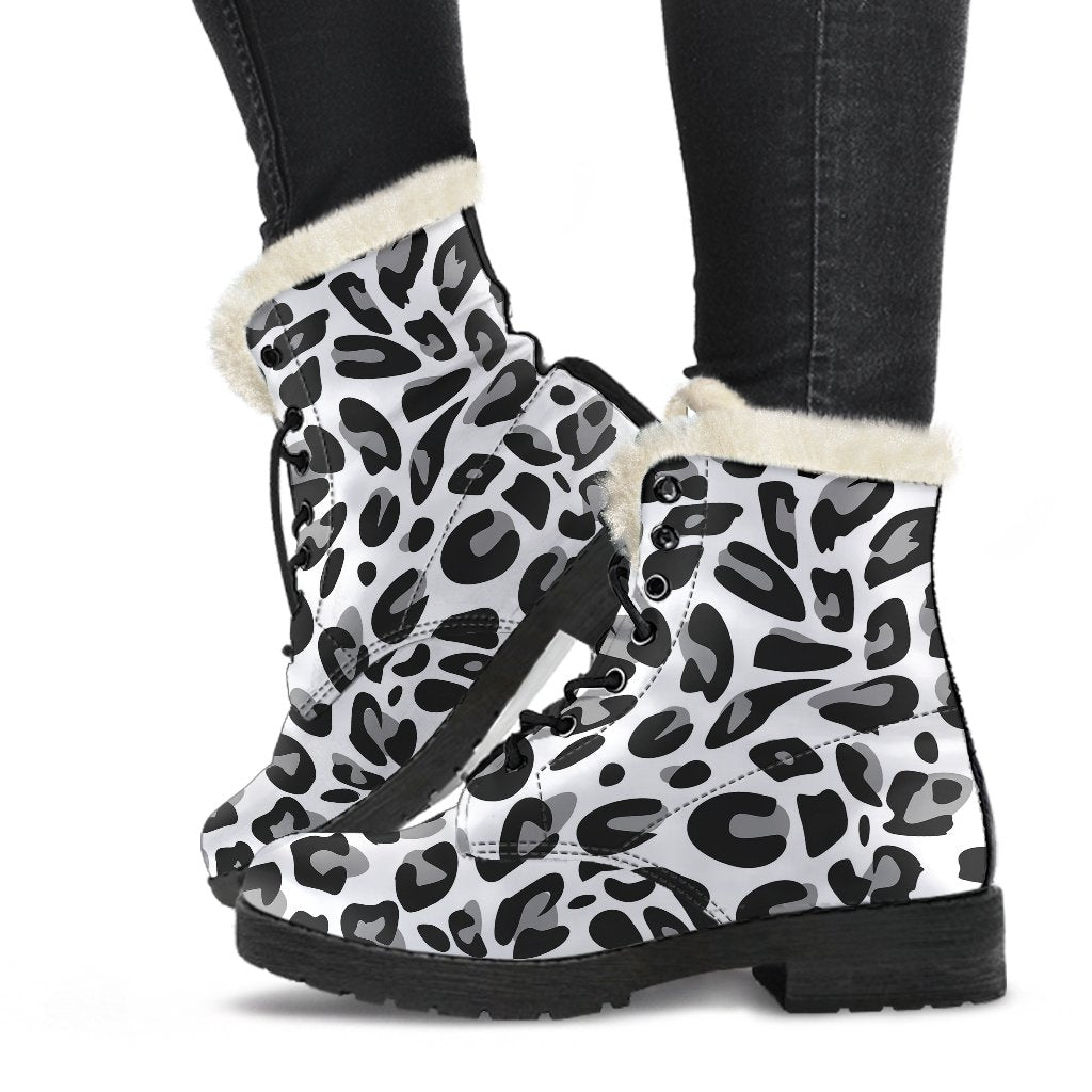 Snow Leopard Skin Print Faux Fur Leather Boots-JTAMIGO.COM