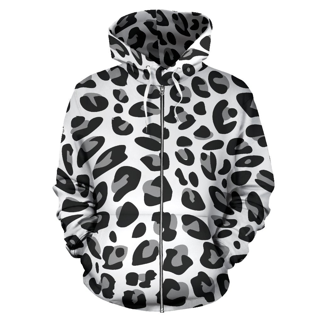 Snow Leopard Skin Print Zip Up Hoodie