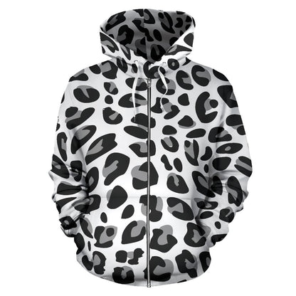 Snow Leopard Skin Print Zip Up Hoodie