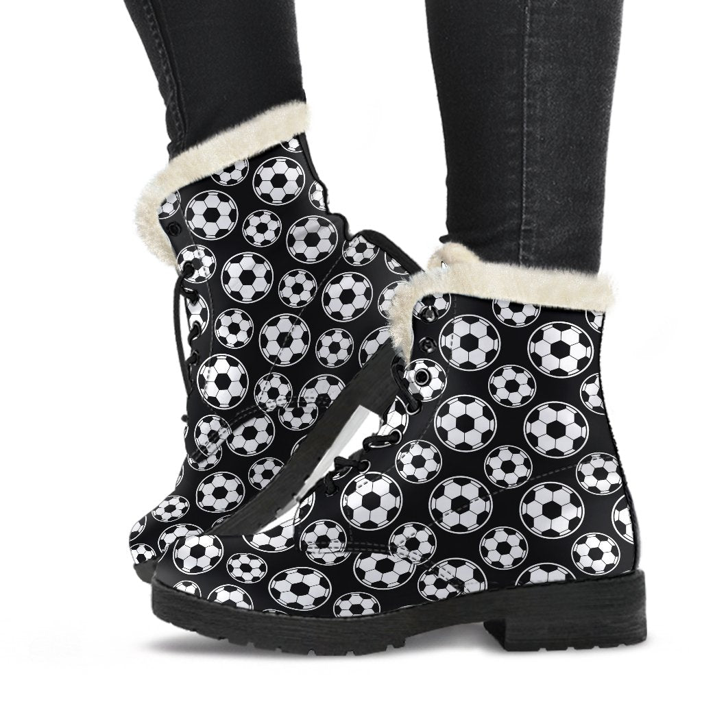 Soccer Ball Black Print Pattern Faux Fur Leather Boots-JTAMIGO.COM