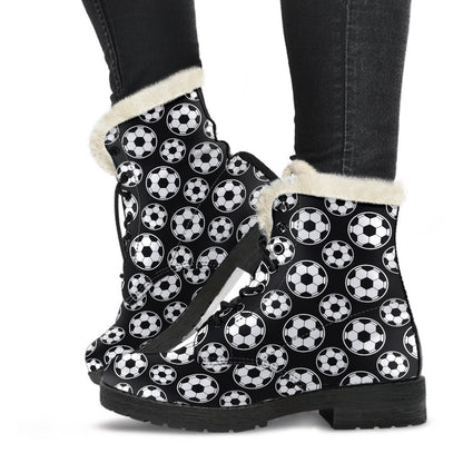 Soccer Ball Black Print Pattern Faux Fur Leather Boots-JTAMIGO.COM