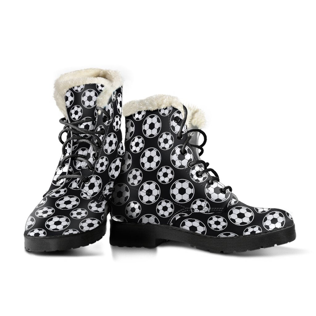 Soccer Ball Black Print Pattern Faux Fur Leather Boots-JTAMIGO.COM