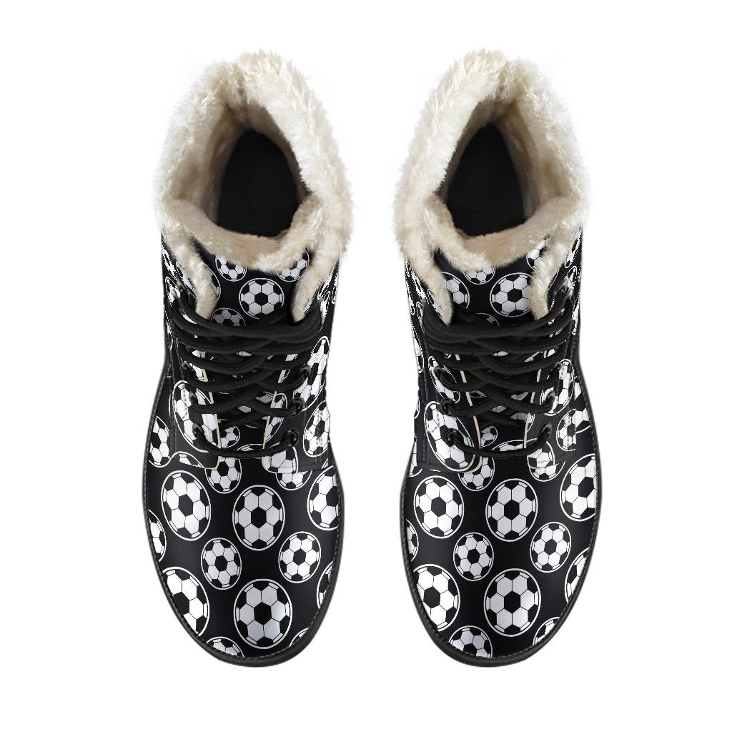Soccer Ball Black Print Pattern Faux Fur Leather Boots-JTAMIGO.COM