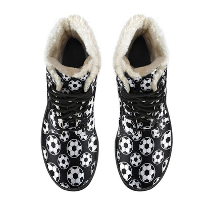 Soccer Ball Black Print Pattern Faux Fur Leather Boots-JTAMIGO.COM