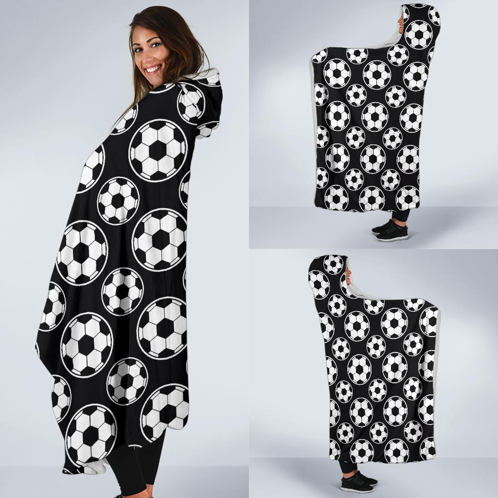 Soccer Ball Black Print Pattern Hooded Blanket-JTAMIGO.COM