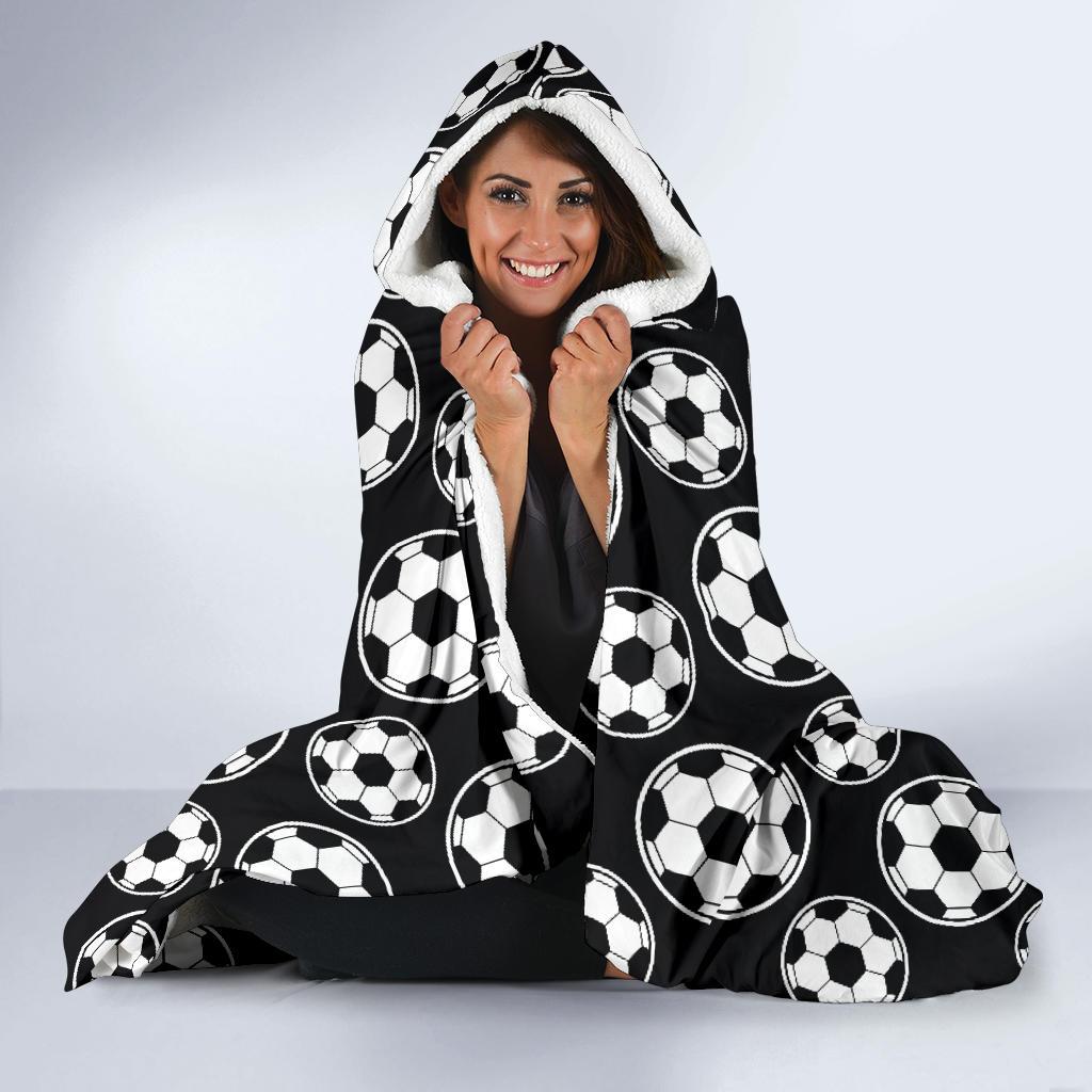 Soccer Ball Black Print Pattern Hooded Blanket-JTAMIGO.COM