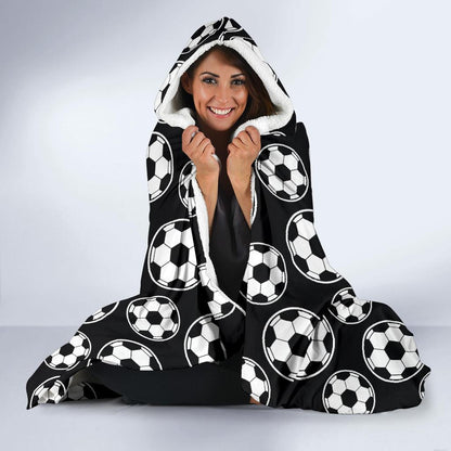 Soccer Ball Black Print Pattern Hooded Blanket-JTAMIGO.COM