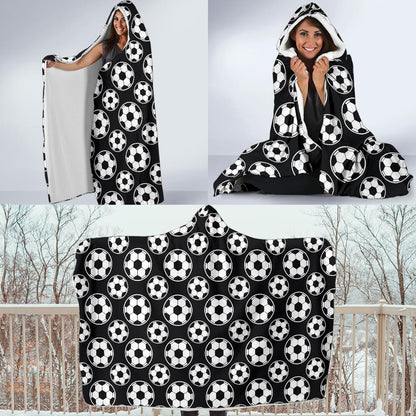 Soccer Ball Black Print Pattern Hooded Blanket-JTAMIGO.COM