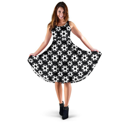 Soccer Ball Black Print Pattern Sleeveless Dress